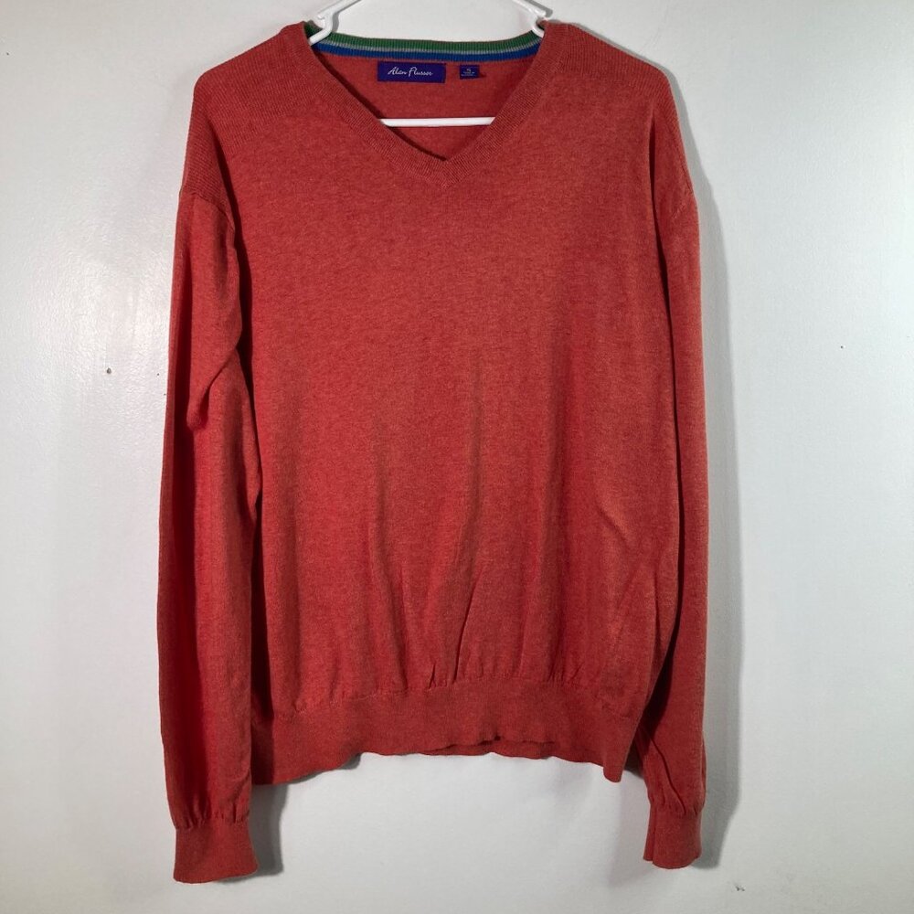 Alan Flusser V Neck Light Weight Cotton Sweater Orange XL Stripe Detail at Neck